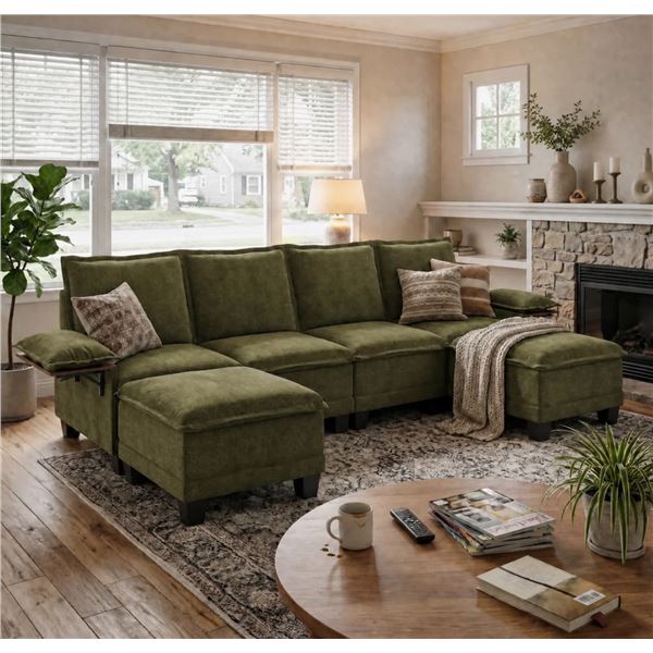 Green Comfy Cloud Couch Large Sofa for Living Room w/ 2 Ottomans