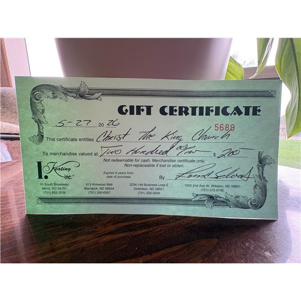 $200 Gift Certificate to I. Keating Furniture World