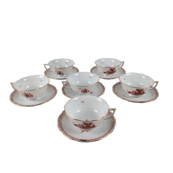 12pc Herend Chinese Bouquet Orange Porcelain Teacups and Saucers