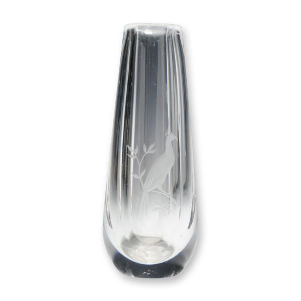 Orrefors Clear Crystal Faceted Bud Vase with Etched Bird