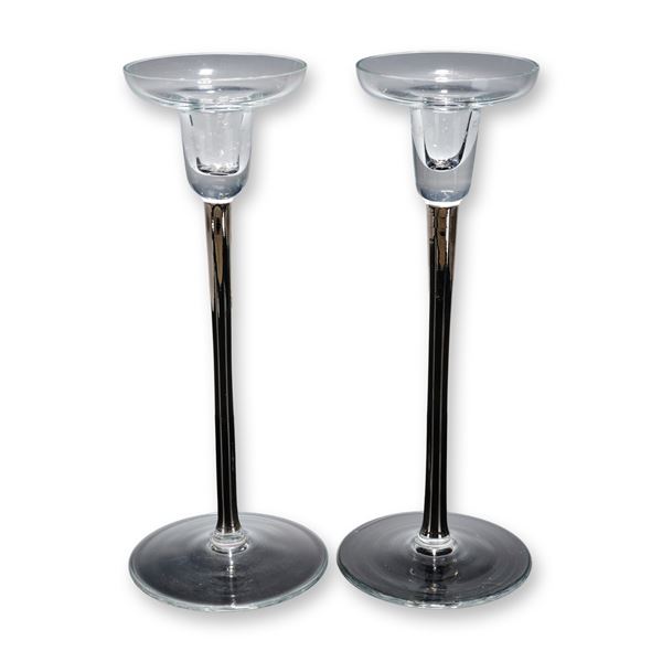 Pair of Clear and Black Stem Minimalist Crystal Candlesticks