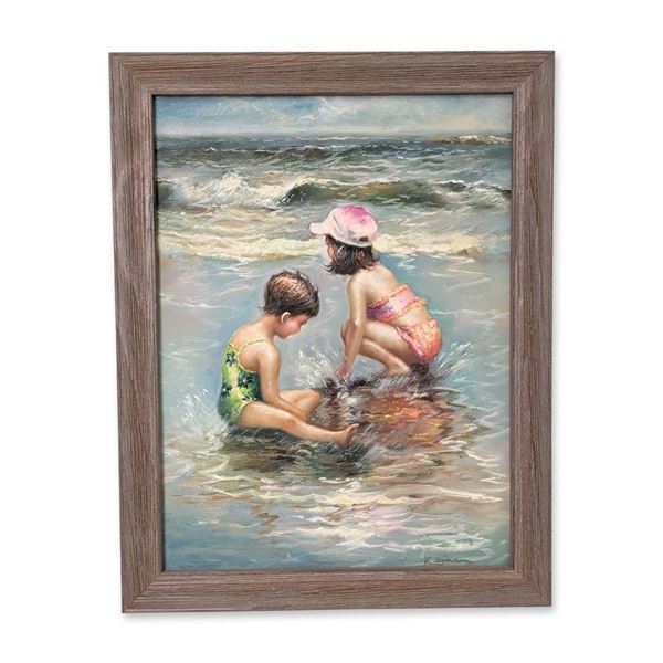 Framed Oil on Canvas, Children Playing in the Surf, Signed Kline