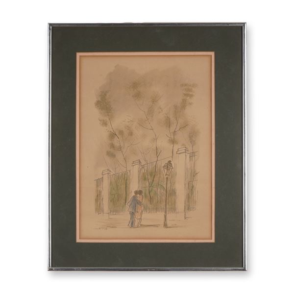 Eduardo Vicente, Color Lithograph on Paper, Couple Near Fence