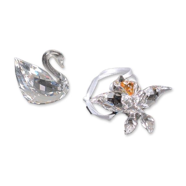2pc Swarovski Crystal Swan Figurine and African Orchid Ornament