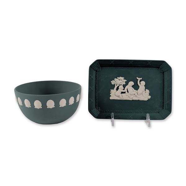 Two Wedgwood Jasperware Green Ceramic Table Wares