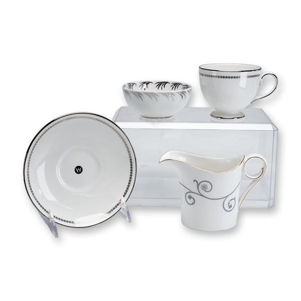 4pc Wedgwood Fine Bone China Coffee Cup and Saucer, Creamer, and Bowl