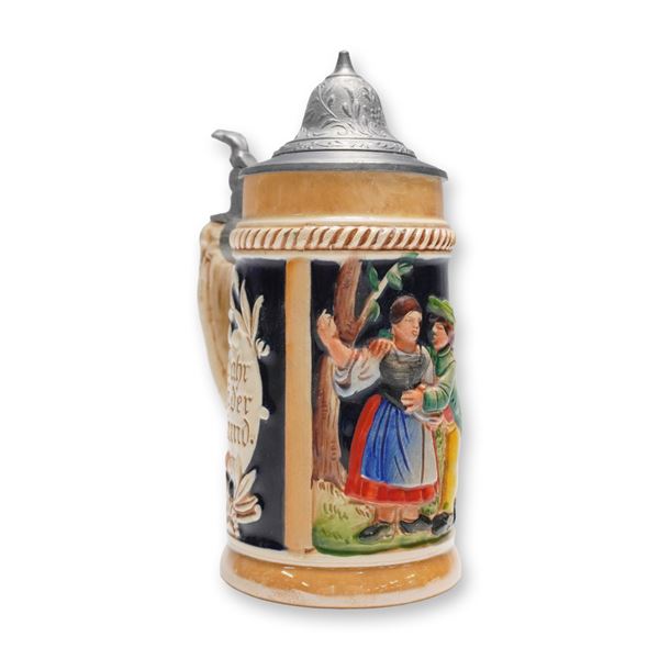 West German Collectible Beer Stein, Hand-Painted with Pewter Lid