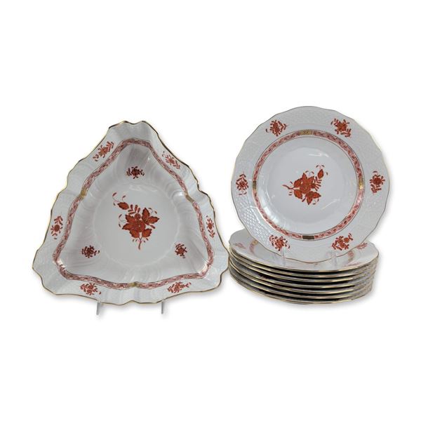 9pc Herend Chinese Bouquet Orange Porcelain Tableware