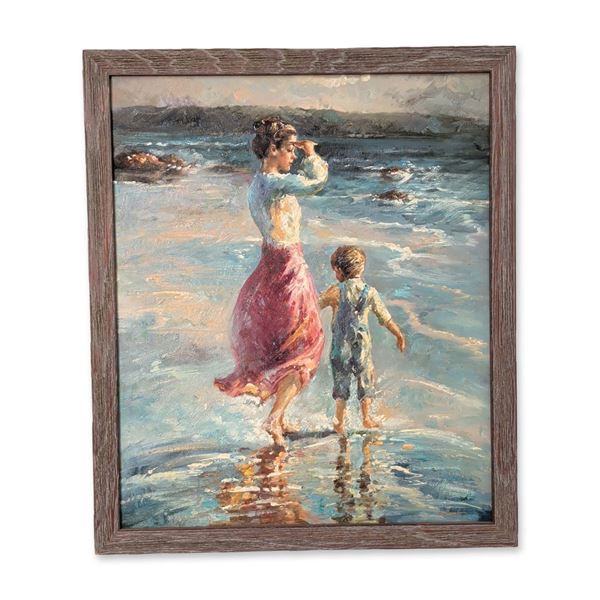 Impressionist Oil on Canvas Painting, Mother and Child on the Seaside, Signed