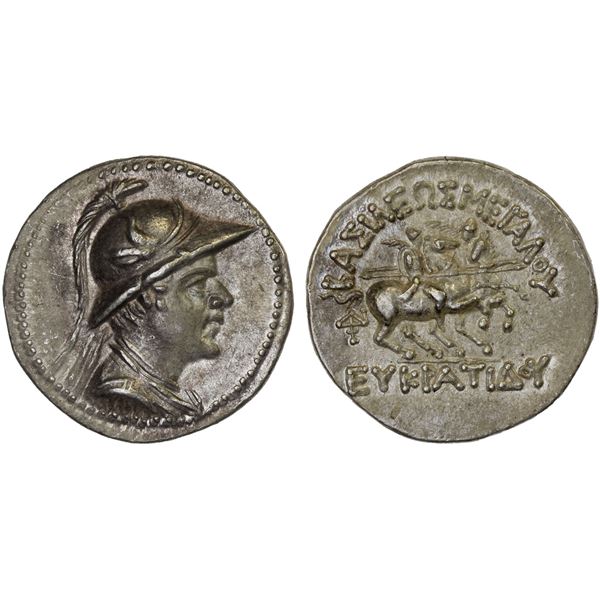 BACTRIA: Eukratides I Megas, ca. 170-145 BC, AR drachm (4.25g), Choice XF