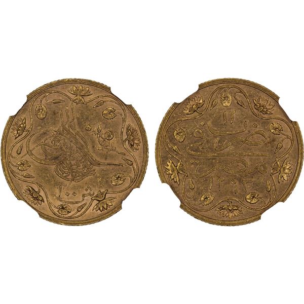 EGYPT: Abdul Hamid II, 1876-1909, AV 100 qirsh, Misr, AH1293 year 12, NGC MS62