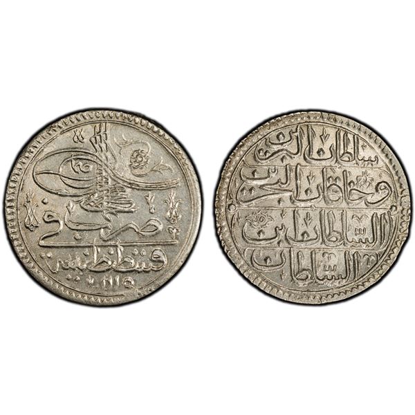 TURKEY: Ahmed III, 1703-1730, AR yirmilik (20 para), Kostantiniye, AH1115, PCGS MS64