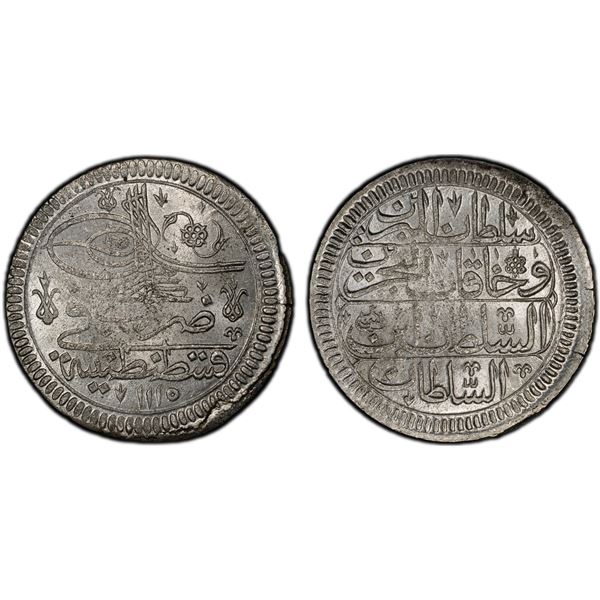 TURKEY: Ahmed III, 1703-1730, AR kurush, Kostantiniye, AH1115, PCGS MS64