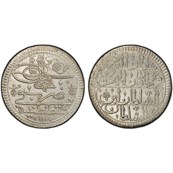 TURKEY: Ahmed III, 1703-1730, AR kurush, Kostantiniye, AH1115, PCGS MS63