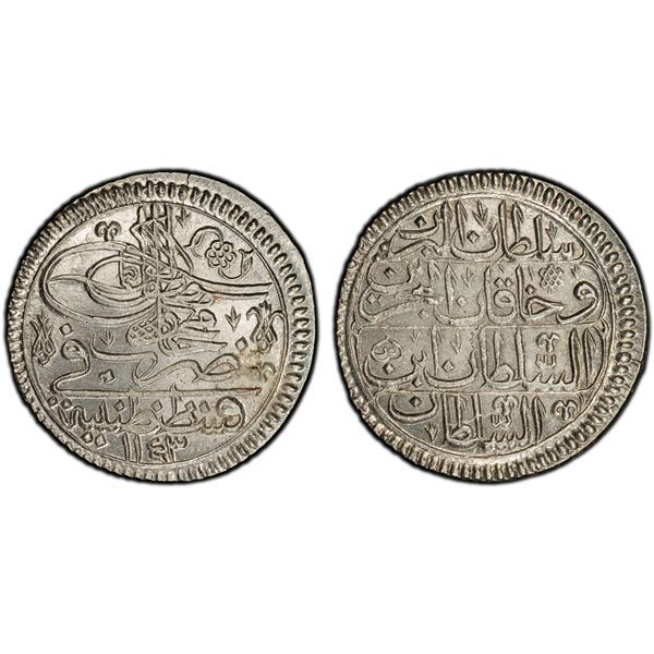 TURKEY: Mahmud I, 1730-1754, AR yirmilik (20 para), Kostantiniye, AH1143, PCGS MS65