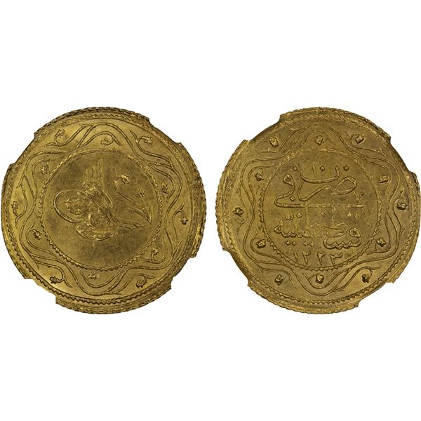 TURKEY: Mahmud II, 1808-1839, AV 2 rumi altin, Kostantiniye, AH1223 year 10, NGC MS62