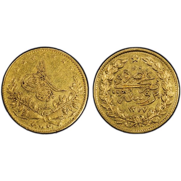 TURKEY: Abdul Aziz, 1861-1876, AV 50 kurush, Bursa, AH1277 year 1, PCGS XF45