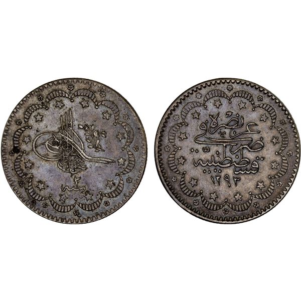 TURKEY: Abdul Hamid II, 1876-1909, AR 5 kurush, AH1293 year 2, XF-AU