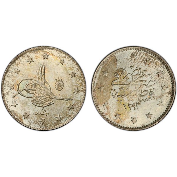 TURKEY: Abdul Hamid II, 1876-1909, AR 2 kurush, Kostantiniye, AH1293 year 8 (1883), PCGS MS66