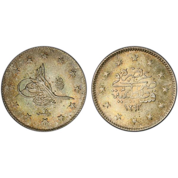 TURKEY: Abdul Hamid II, 1876-1909, AR 2 kurush, Kostantiniye, AH1293 year 8 (1883), PCGS MS66