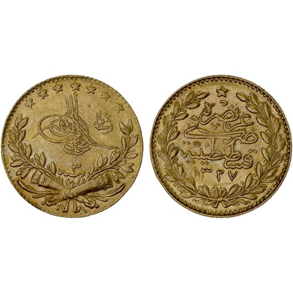TURKEY: Mehmet V, 1909-1918, AV 25 kurush, AH1327 year 3, XF-AU
