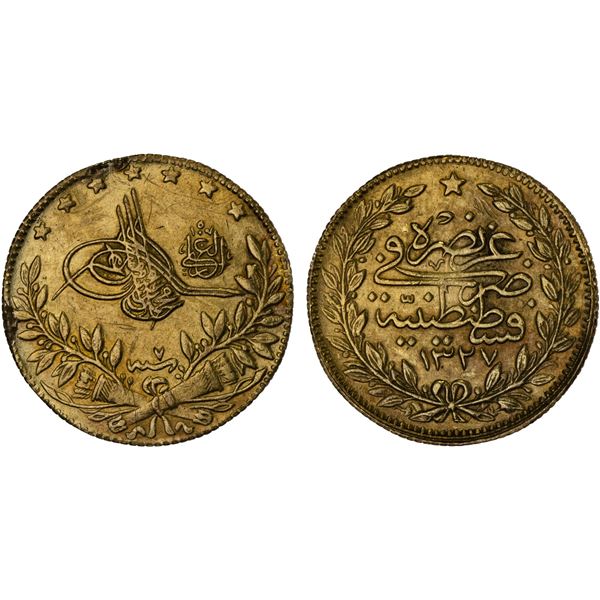 TURKEY: Mehmet V, 1909-1918, AV 50 kurush, Kostantiniye, AH1327 year 7, XF-AU