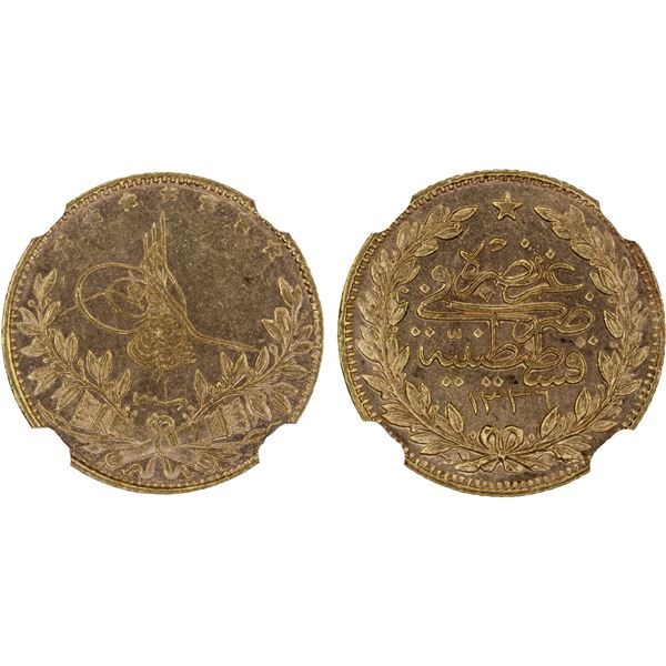 TURKEY: Mehmet VI, 1918-1924, AV 50 kurush, Kostantiniye, AH1336 year 1, NGC MS62