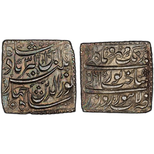 MUGHAL: Jahangir, 1605-1628, AR square jahangiri rupee (heavy rupee), AH1016 year 3, PCGS AU58