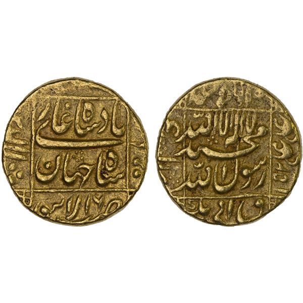 MUGHAL: Shah Jahan I, 1628-1658, AV mohur (11.12g), Lahore, AH1052 year 16, VF