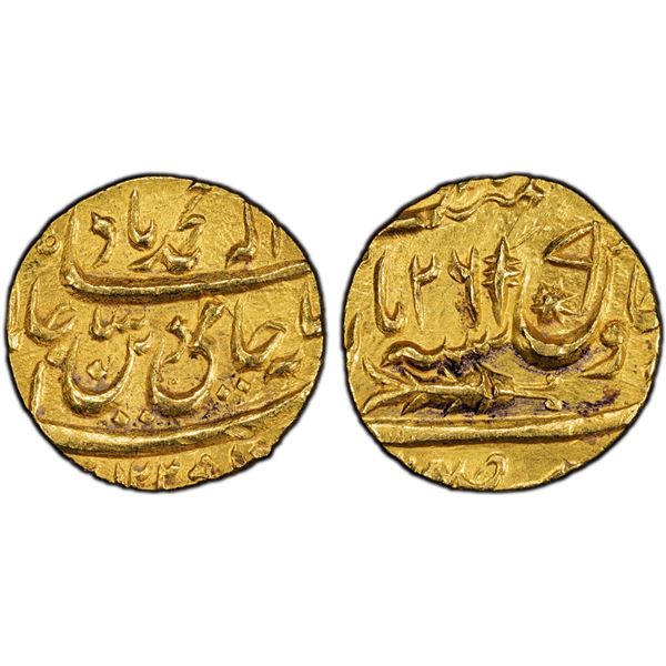 AWADH: Brijis Qadr, 1857-1858, AV ashrafi (10.71g), Subah Awadh, AH"1229" year "26", PCGS MS63