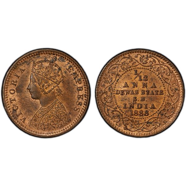 DEWAS SENIOR BRANCH: Victoria, Empress, 1876-1901, AE 1/12 anna, 1888, PCGS MS63 BN