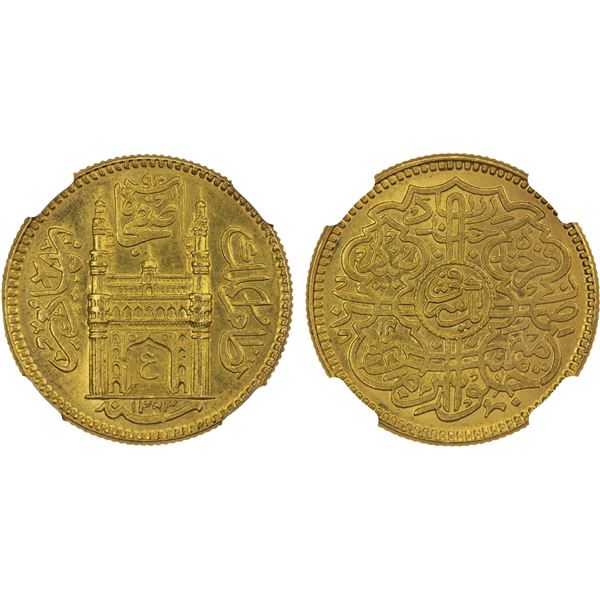 HYDERABAD: Mir Usman Ali Khan, 1911-1948, AV ashrafi, Farkhanda Bunyad, AH1343 year 14, NGC MS64