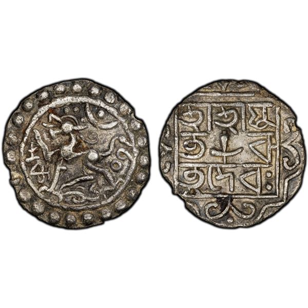 TRIPURA: Ratna Manikya II, first reign, 1685-1693, AR 1/4 tanka (2.51g), SE1607 (1685), PCGS XF45