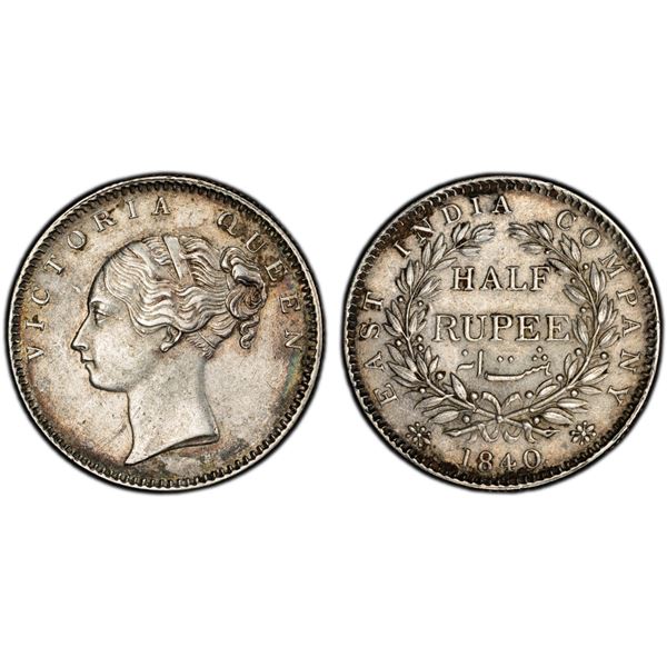 BRITISH INDIA: Victoria, Queen, 1837-1876, AR 1/2 rupee, 1840(c), PCGS AU55