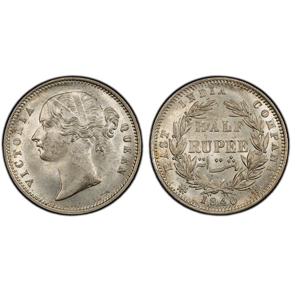 BRITISH INDIA: Victoria, Queen, 1837-1876, AR 1/2 rupee, 1840(b), PCGS MS64
