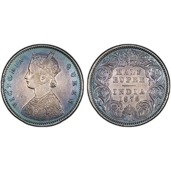 BRITISH INDIA: Victoria, Queen, 1837-1876, AR 1/2 rupee, 1875(c), PCGS AU details