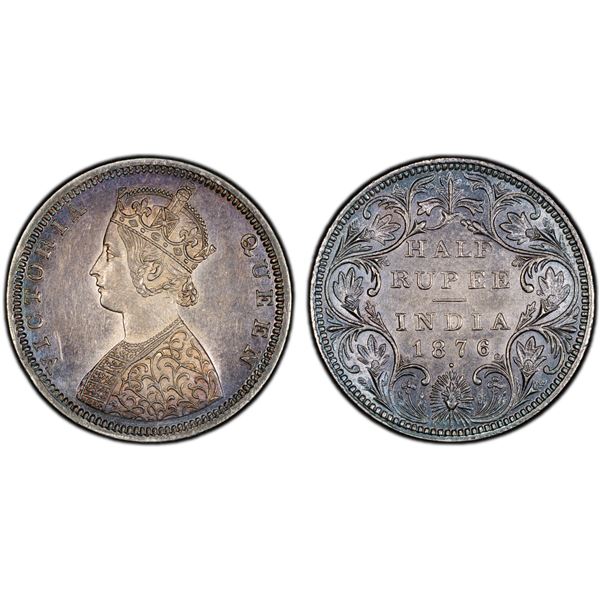 BRITISH INDIA: Victoria, Queen, 1837-1876, AR 1/2 rupee, 1876(b), PCGS AU details