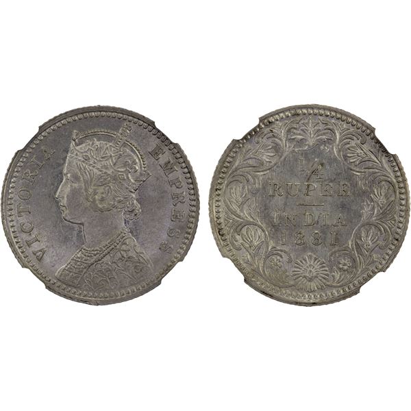 BRITISH INDIA: Victoria, Empress, 1876-1901, AR 1/4 rupee, 1881-C, NGC MS61