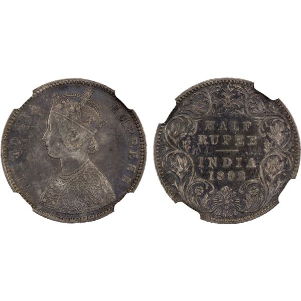 BRITISH INDIA: Victoria, Empress, 1876-1901, AR 1/2 rupee, 1892-B, NGC MS62