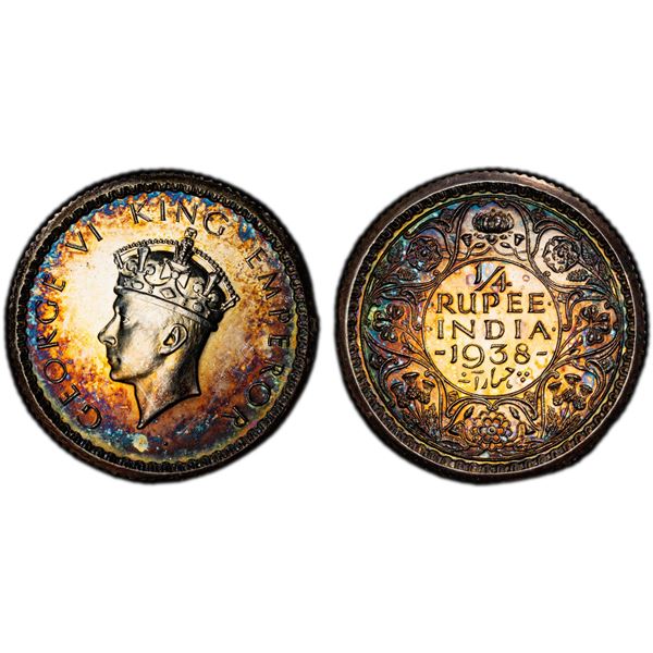 BRITISH INDIA: George VI, 1936-1947, AR 1/4 rupee, 1938(c), PCGS Proof 64