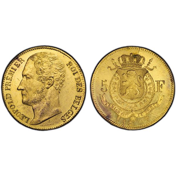 BELGIUM: Leopold I, 1831-1865, AE 5 francs, 18(47), PCGS Specimen 63