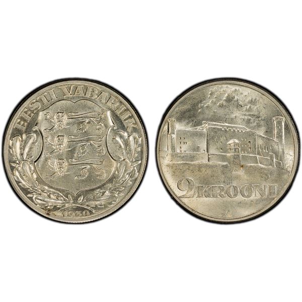 ESTONIA: Republic, AR 2 krooni, 1930, PCGS MS65