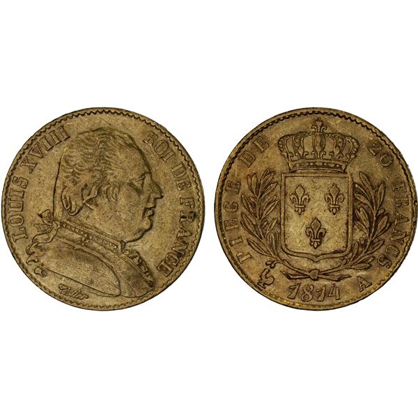 FRANCE: Louis XVIII, First Reign, 1814-1815, AV 20 francs, 1814-A, VF