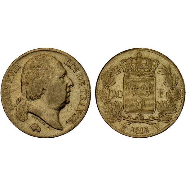 FRANCE: Louis XVIII, Second Reign, 1815-1824, AV 20 francs, Lille, 1818-W, VF