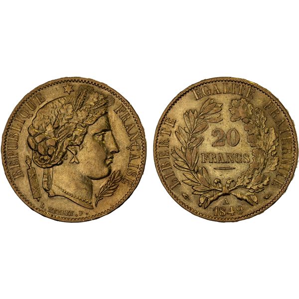 FRANCE: Second Republic, AV 20 francs, 1849-A, XF