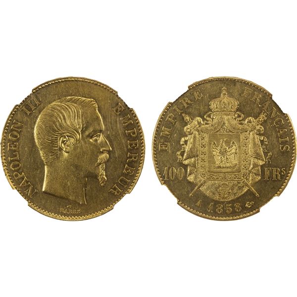 FRANCE: Napoleon III, 1852-1870, AV 100 francs, 1858-A, NGC AU58
