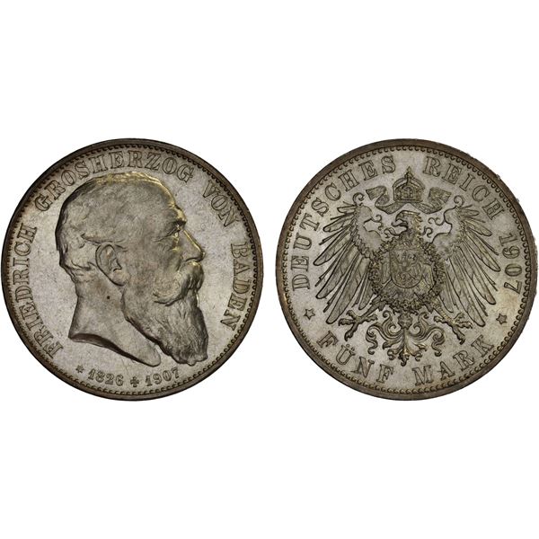 BADEN: Friedrich I, as Grand Duke, 1856-1907, AR 5 mark, 1907, Unc