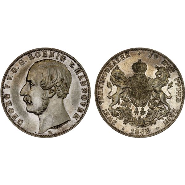 HANOVER: Georg V, 1851-1866, AR 2 thaler (3½ gulden), 1866-B, Choice XF