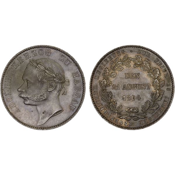 NASSAU: Adolph, 1839-1866, AR thaler (krone), 1864, Unc