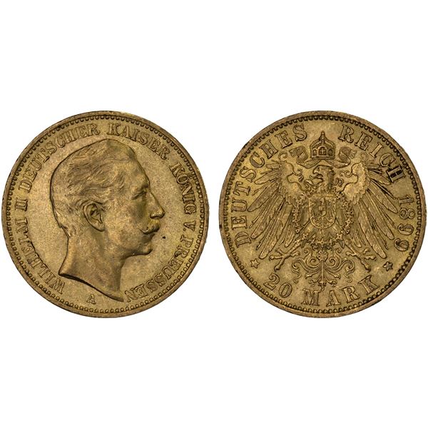 PRUSSIA: Wilhelm II, 1888-1918, AV 20 mark, 1899-A, AU